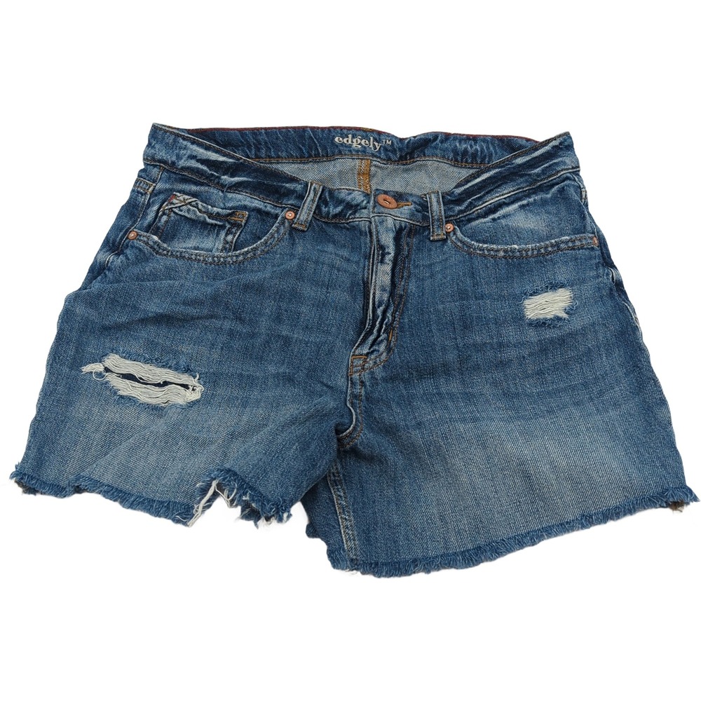 Edgely High Rise Distressed Denim Shorts Medium Wash Raw Hem Size 12